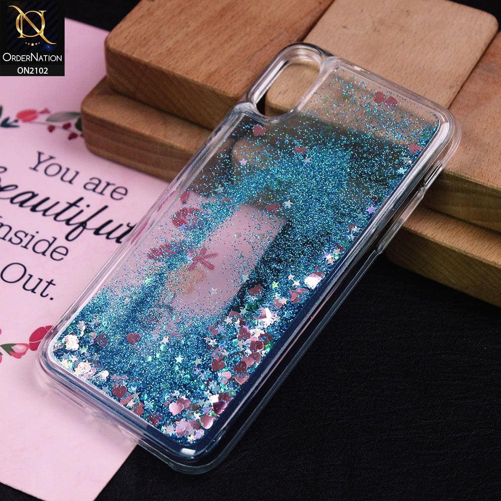 iPhone XS / X Cover - Blue - Cute Love Hearts Liquid Glitter Pc Back Case