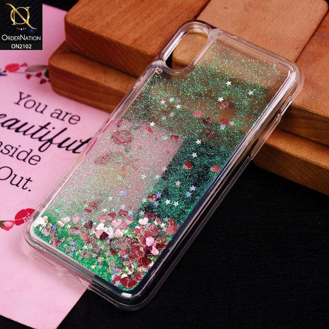 iPhone XS / X Cover - Green - Cute Love Hearts Liquid Glitter Pc Back Case