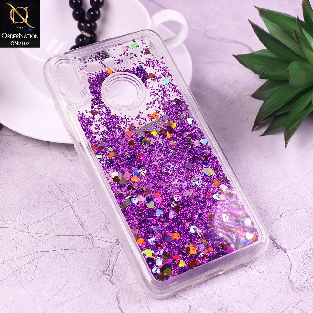 Huawei Y7 Prime 2019 / Y7 2019 / Y7 Pro 2019 Cover - Purple - Cute Love Hearts Liquid Glitter Pc Back Case