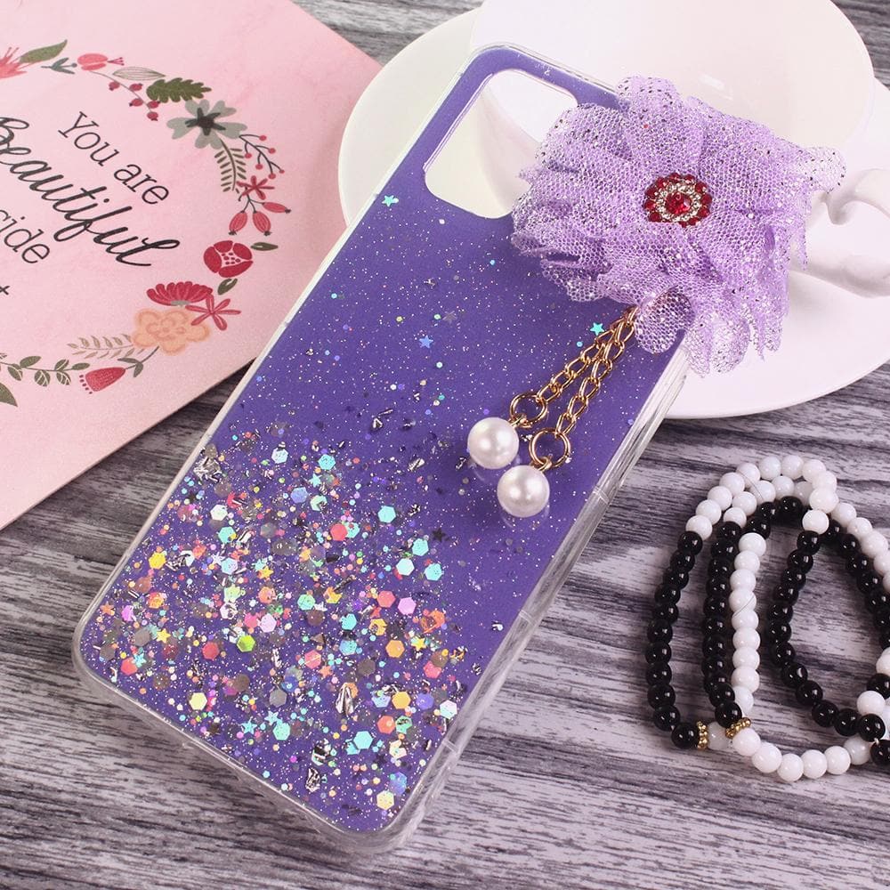 Oppo A92 Cover - Design 8 - Fancy Flower Bling Glitter Rinestone Soft Case - Glitter Does Not Move