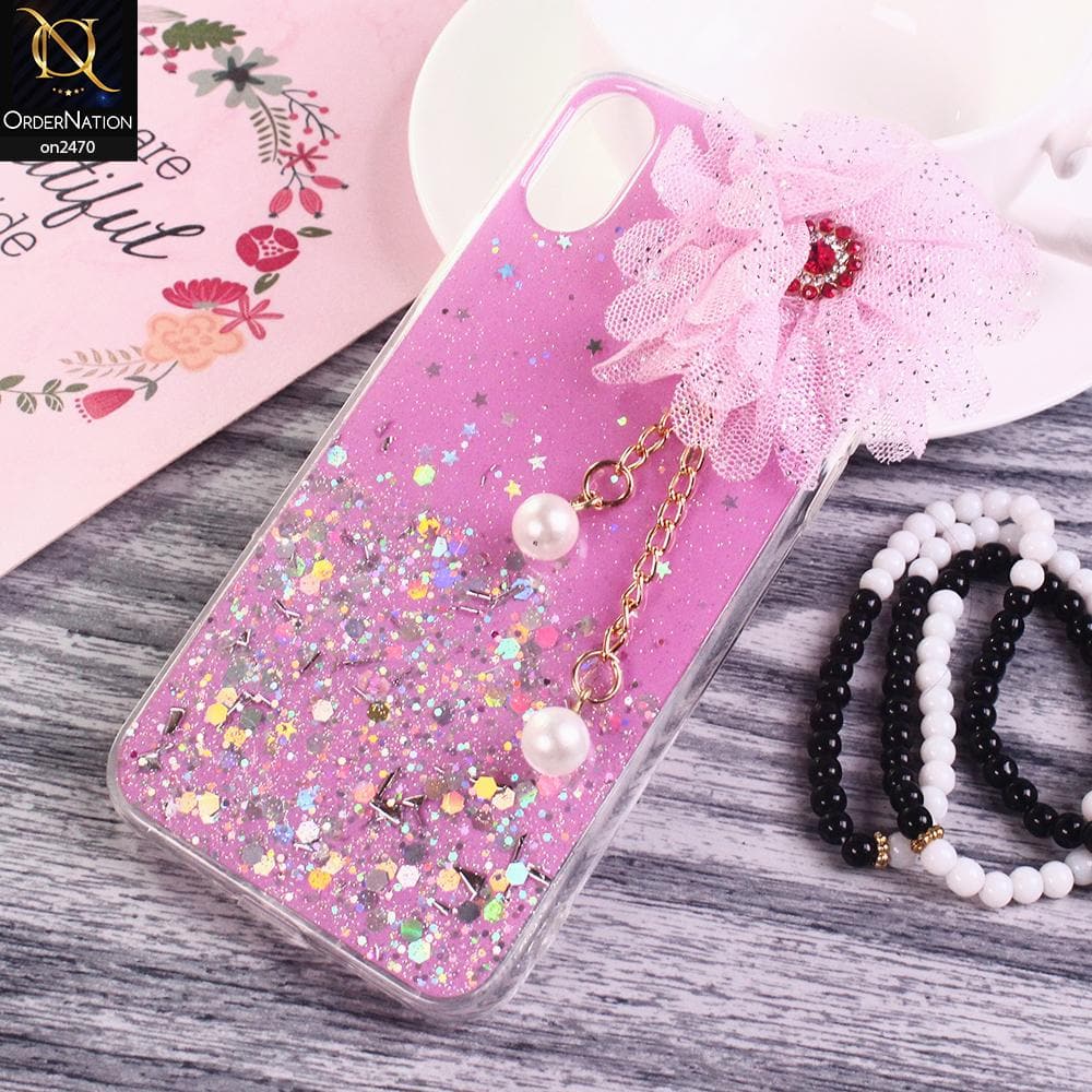 iPhone XS / X Cover - Design 11 - Fancy Flower Bling Glitter Rinestone Soft Case - Glitter Does Not Move