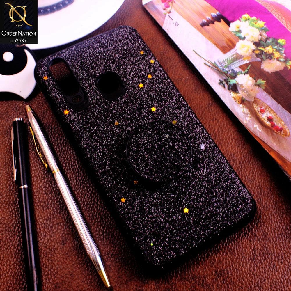 Vivo Y15 - Black - Soft Girlish Glitter Texture Case with Mobile Holder