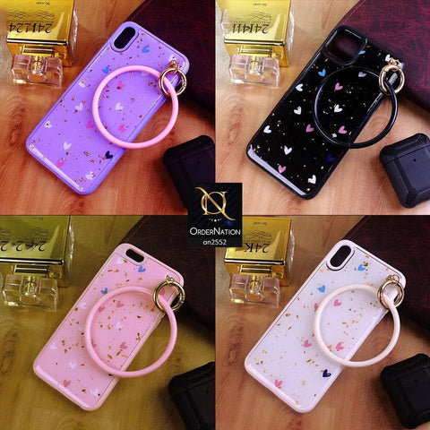 iPhone 11 Pro - Pink - Stylish Shiny Gold Foil Flying Hearts Circle Ring Holder Soft Case