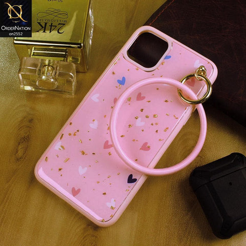 iPhone 11 Pro - Pink - Stylish Shiny Gold Foil Flying Hearts Circle Ring Holder Soft Case