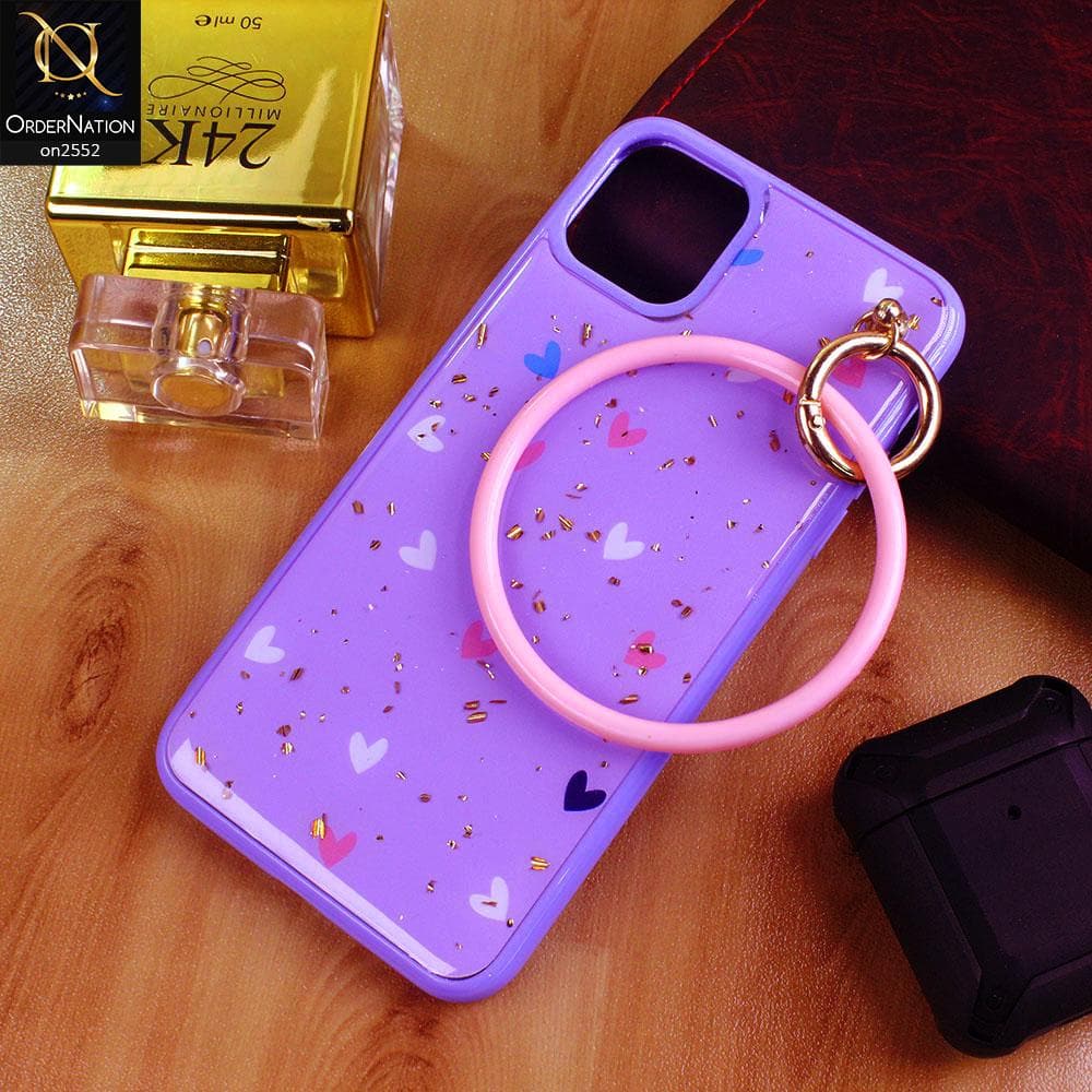 iPhone 11 Pro Max - Purple - Stylish Shiny Gold Foil Flying Hearts Circle Ring Holder Soft Case