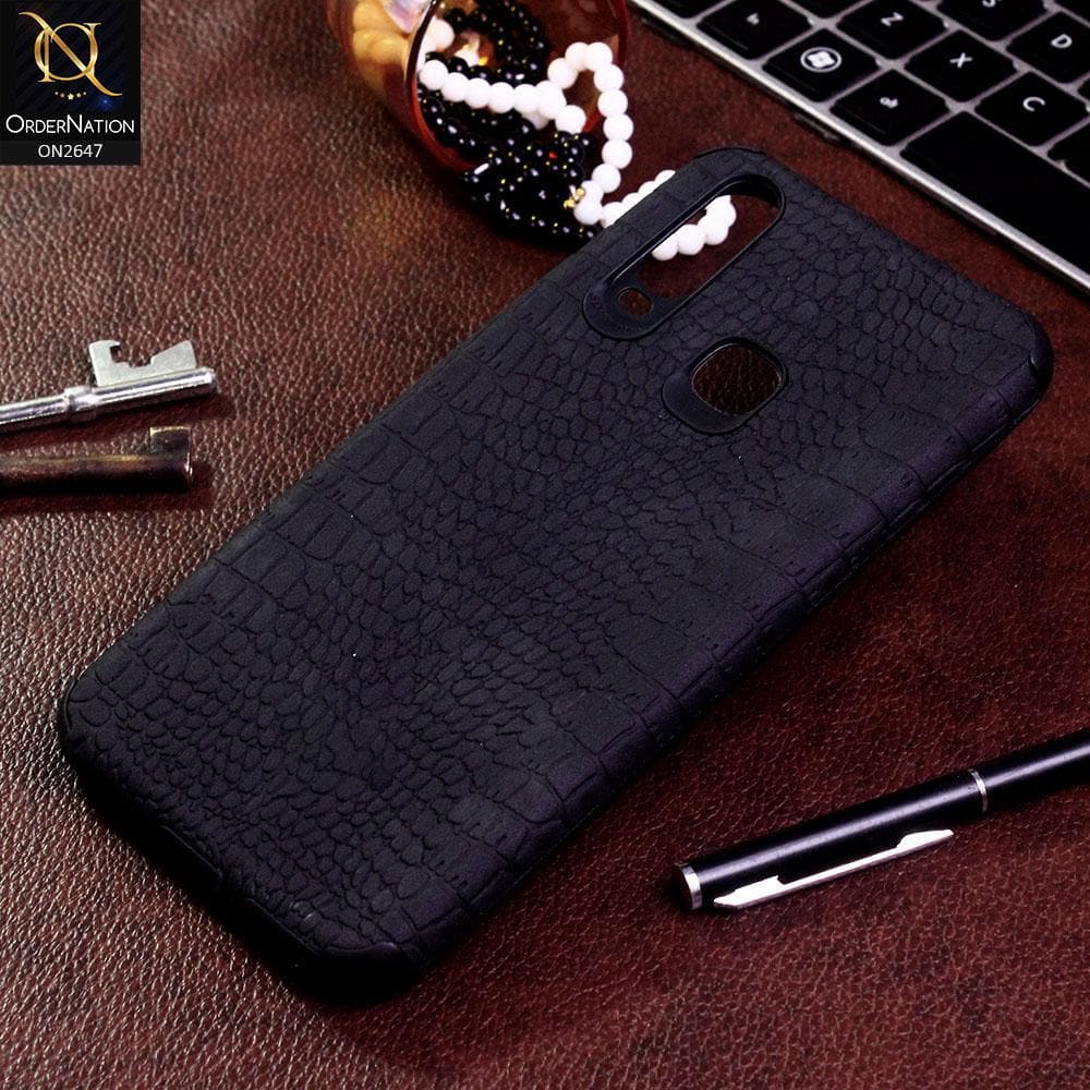 Vivo Y17 Cover - Black - New Crocks Texture Synthetic Leather Soft TPU Case