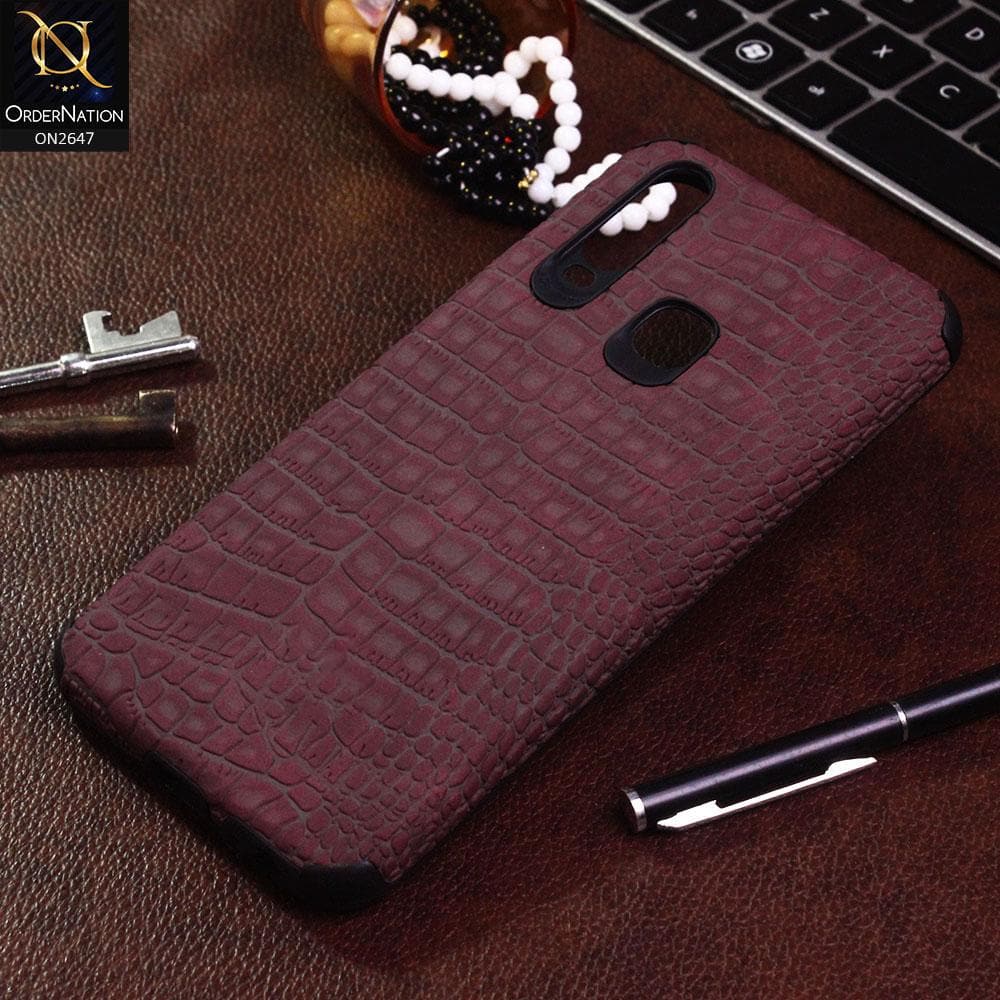 Vivo Y17 Cover - Maroon - New Crocks Texture Synthetic Leather Soft TPU Case