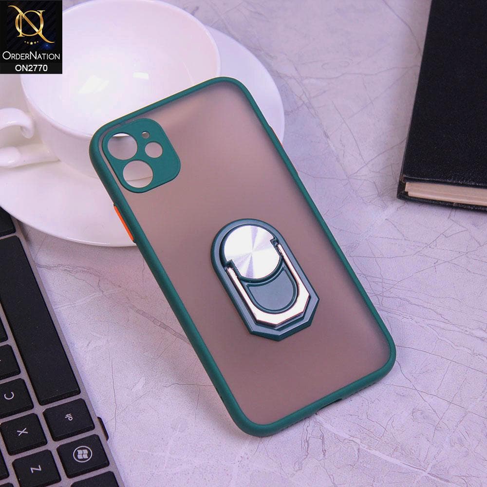 iPhone 11 Cover - Green - Semi Tranparent Matte Hard PC Camera Protection Kick Stand Ring Holder Protective Case