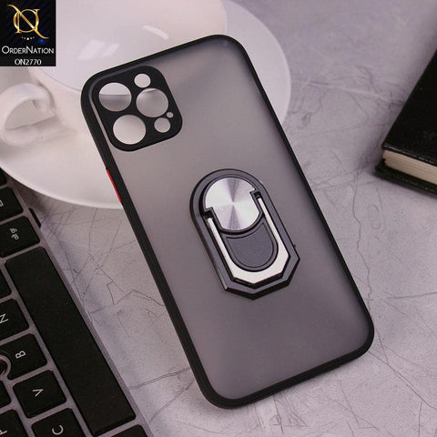 iPhone 12 Pro Cover - Black - Semi Tranparent Matte Hard PC Camera Protection Kick Stand Ring Holder Protective Case