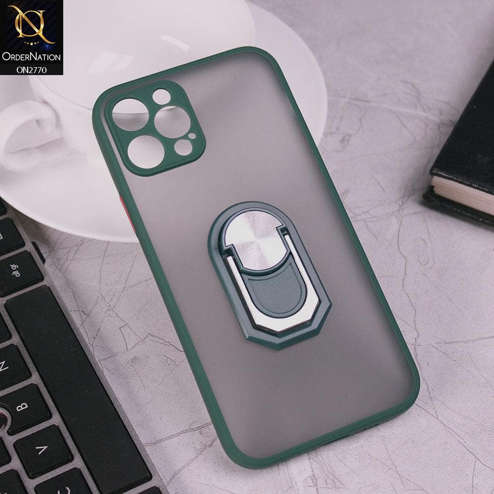 iPhone 12 Pro Cover - Green - Semi Tranparent Matte Hard PC Camera Protection Kick Stand Ring Holder Protective Case