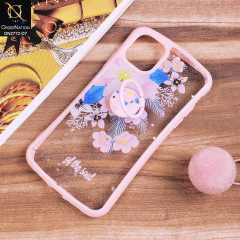 iPhone 11 Pro Cover - Design 7 - New Stylish Floral Glitter Soft Border Case with Ring Holder