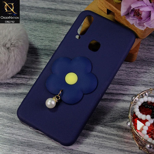 Vivo Y11 2019 Cover - Dark Blue - Soft Vintage Floral Case With Droping Pearl Stone