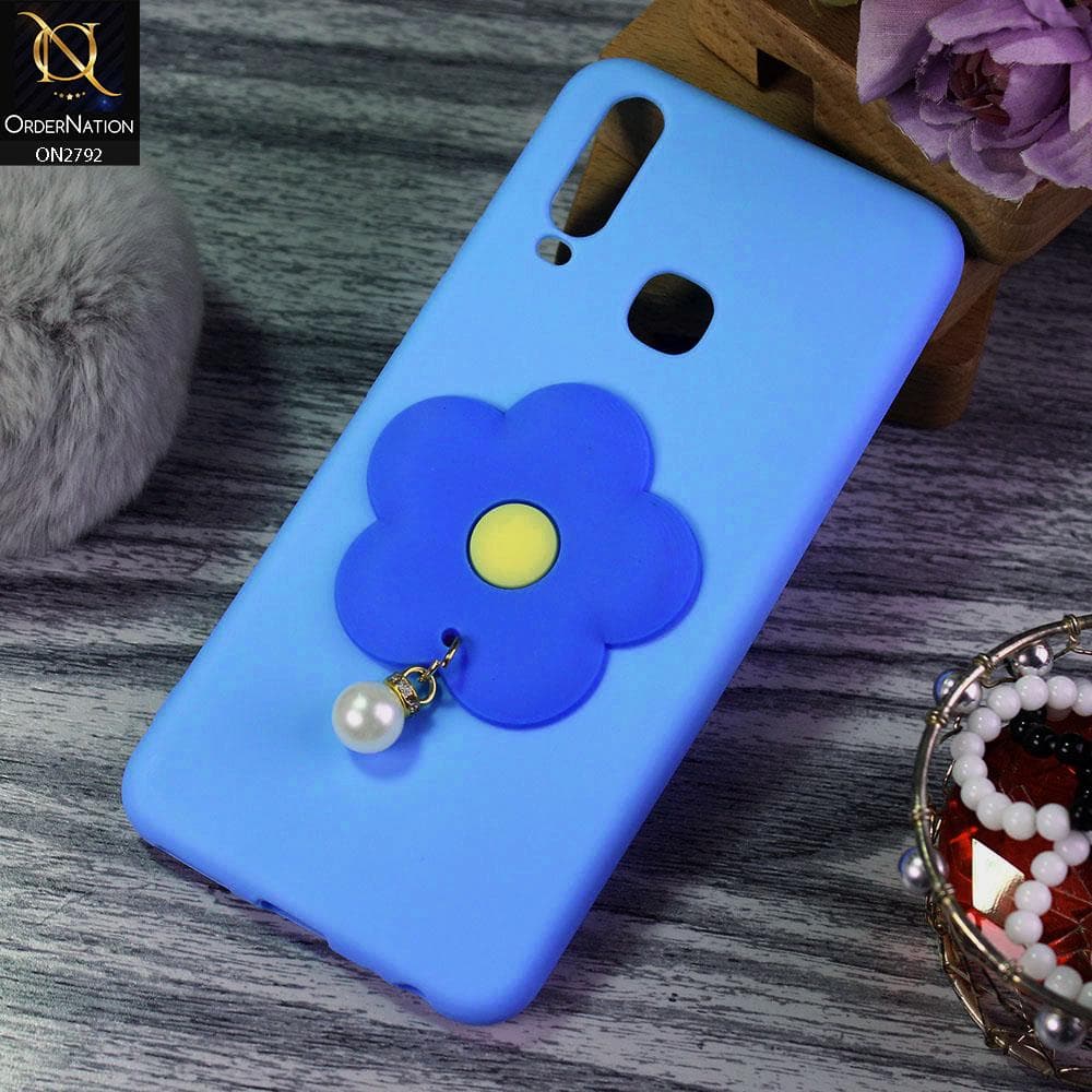 Vivo Y11 2019 Cover - Sky Blue - Soft Vintage Floral Case With Droping Pearl Stone