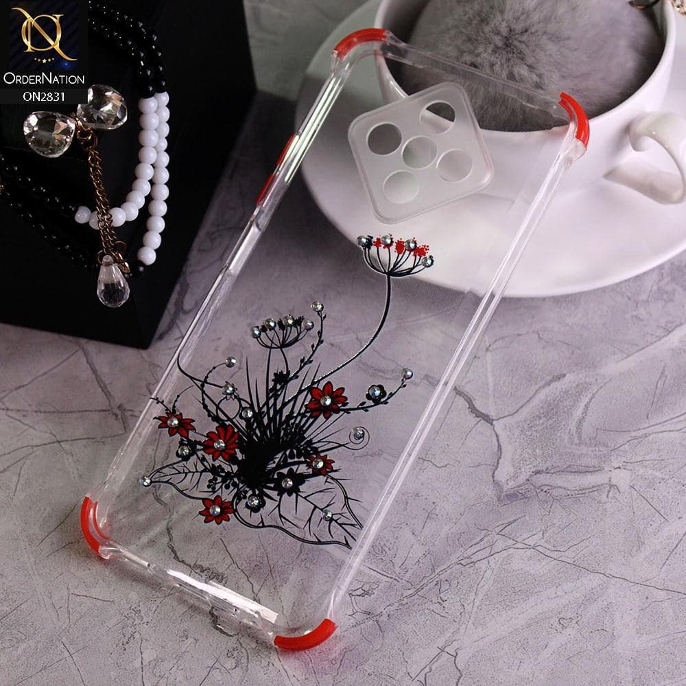 Infinix Zero 8 Cover - Red - Floral Series Rhinestone Transparent Soft Case