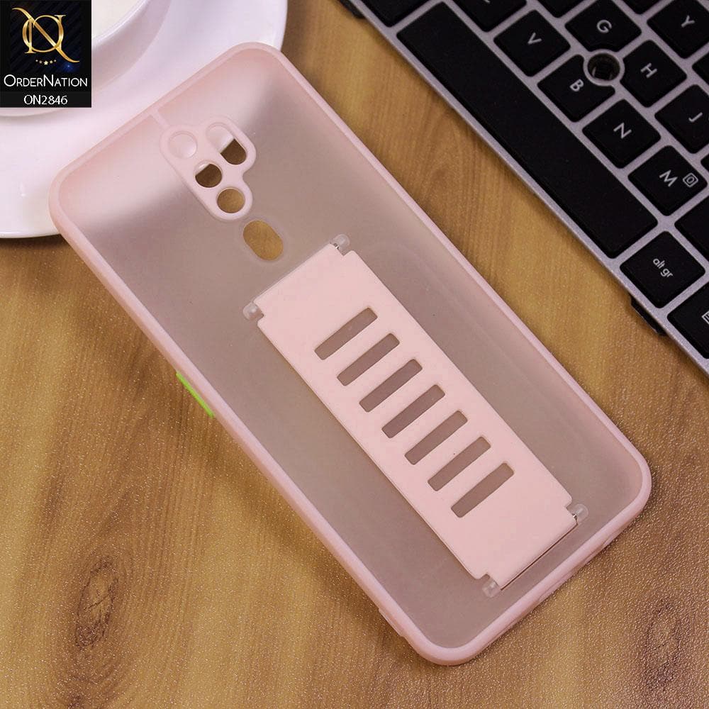 Oppo A5 2020 Cover - Pink - Semi Tranparent Soft Borders Matte Hard PC with Grip Holder Camera Protection Case