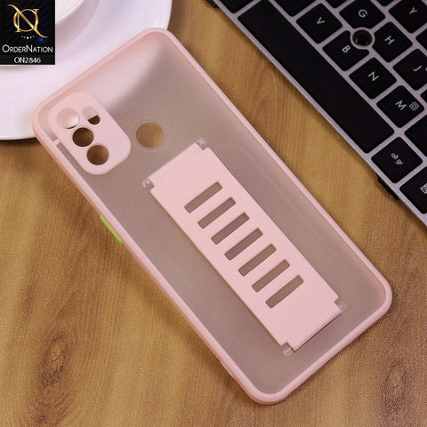 Oppo A53 Cover - Pink - Semi Tranparent Soft Borders Matte Hard PC with Grip Holder Camera Protection Case