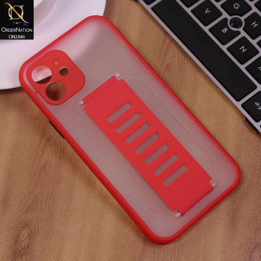 iPhone 12 Cover - Red - Semi Tranparent Soft Borders Matte Hard PC with Grip Holder Camera Protection Case