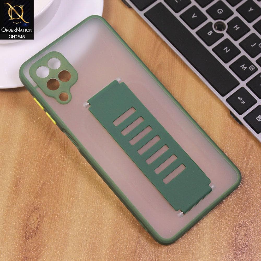 Samsung Galaxy A12 Cover - Green - Semi Tranparent Soft Borders Matte Hard PC with Grip Holder Camera Protection Case