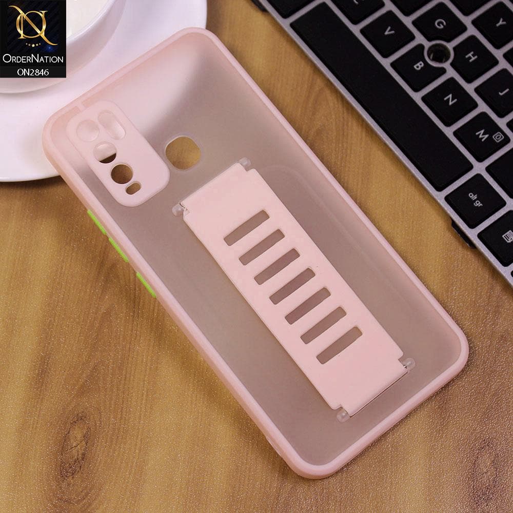 Vivo Y30 Cover - Pink - Semi Tranparent Soft Borders Matte Hard PC with Grip Holder Camera Protection Case