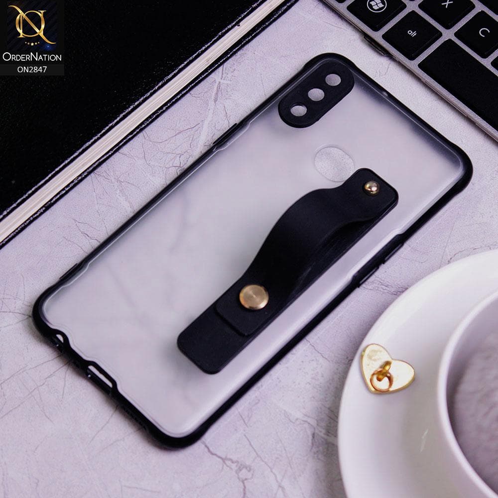Samsung Galaxy A10s Cover - Black - Semi Tranparent Soft Borders Matte Hard PC with Grip Holder Camera Protection Case