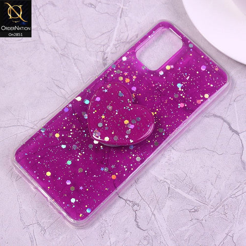 Oppo A92 Cover - Magenta - Shiny Star Glitter Soft Border Case with Heart Mobile Holder - Glitter Does Not Move