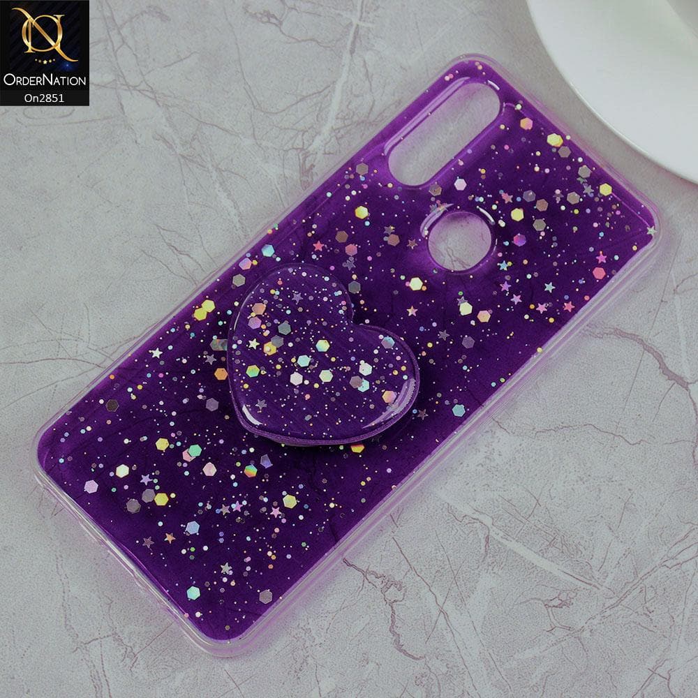 Oppo A8 Cover - Purple - Shiny Star Glitter Soft Border Case with Heart Mobile Holder - Glitter Does Not Move