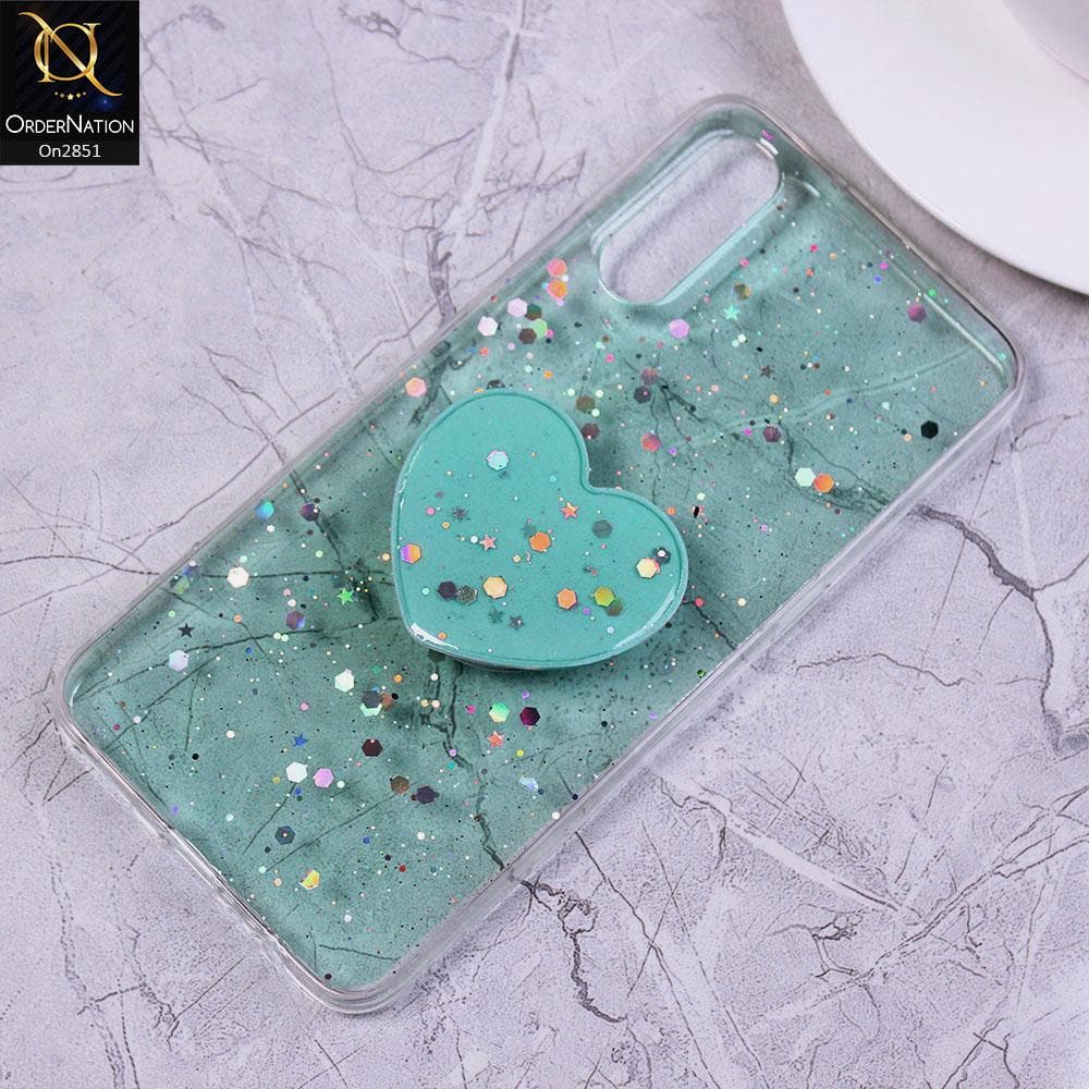 Vivo S1 Cover - Aqua - Shiny Star Glitter Soft Border Case with Heart Mobile Holder - Glitter Does Not Move