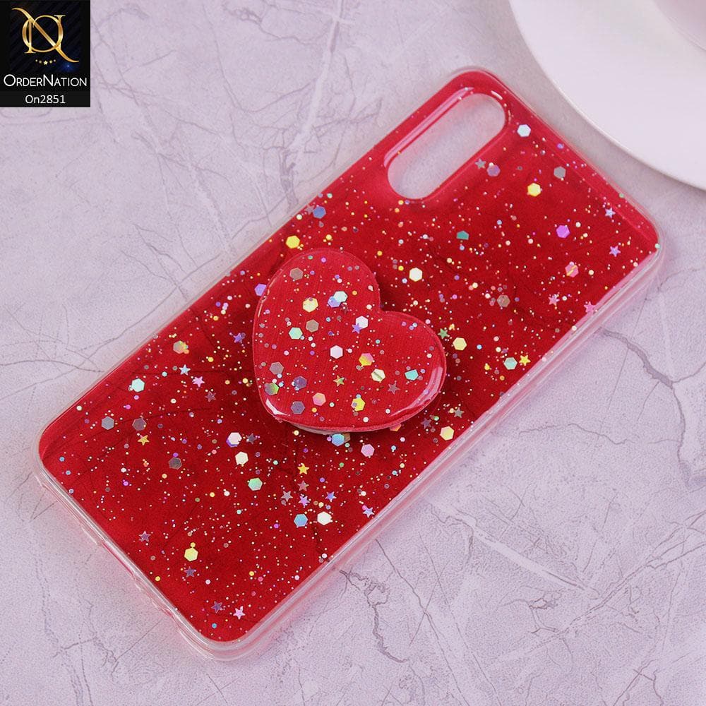 Vivo S1 Cover - Red - Shiny Star Glitter Soft Border Case with Heart Mobile Holder - Glitter Does Not Move