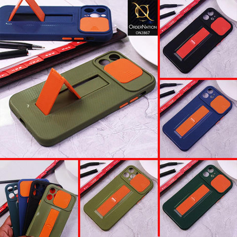 iPhone 12 Cover - Dark Green - Soft TPU Camera Slide Protection Case with Kick Stand