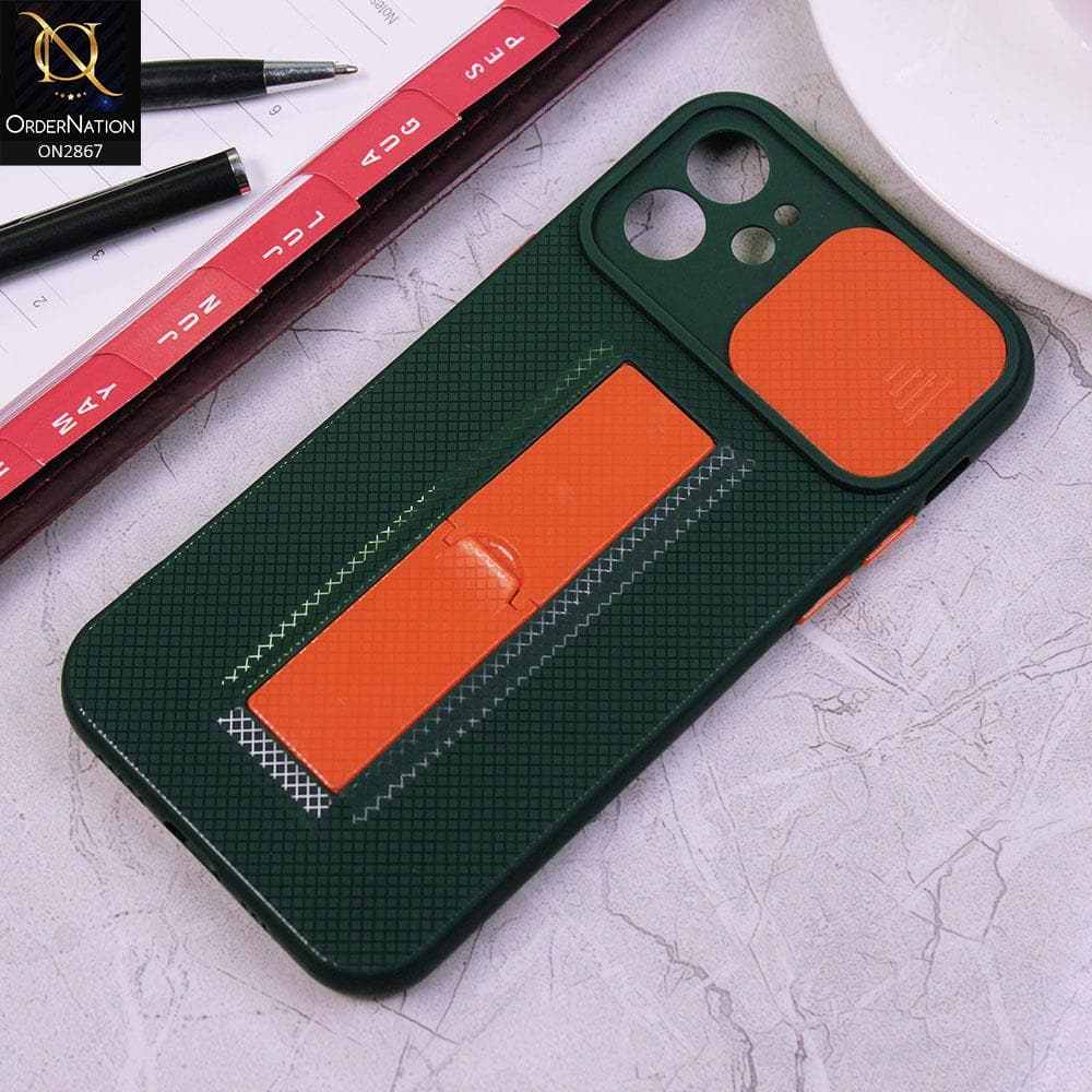 iPhone 12 Cover - Dark Green - Soft TPU Camera Slide Protection Case with Kick Stand