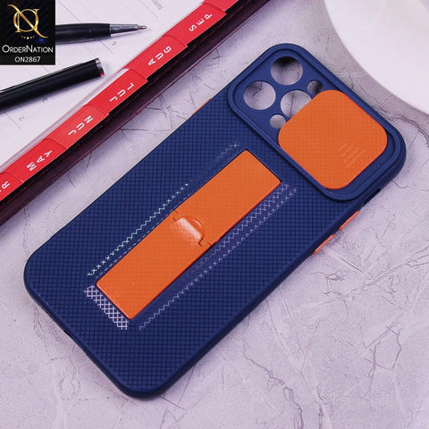 iPhone 12 Pro Cover - Blue - Soft TPU Camera Slide Protection Case with Kick Stand