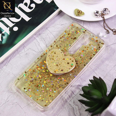 Oppo A5 2020 Cover - Yellow - Shiny Fancy Glitter Case with Heart Mobile Holder - Glitter Does Not Move