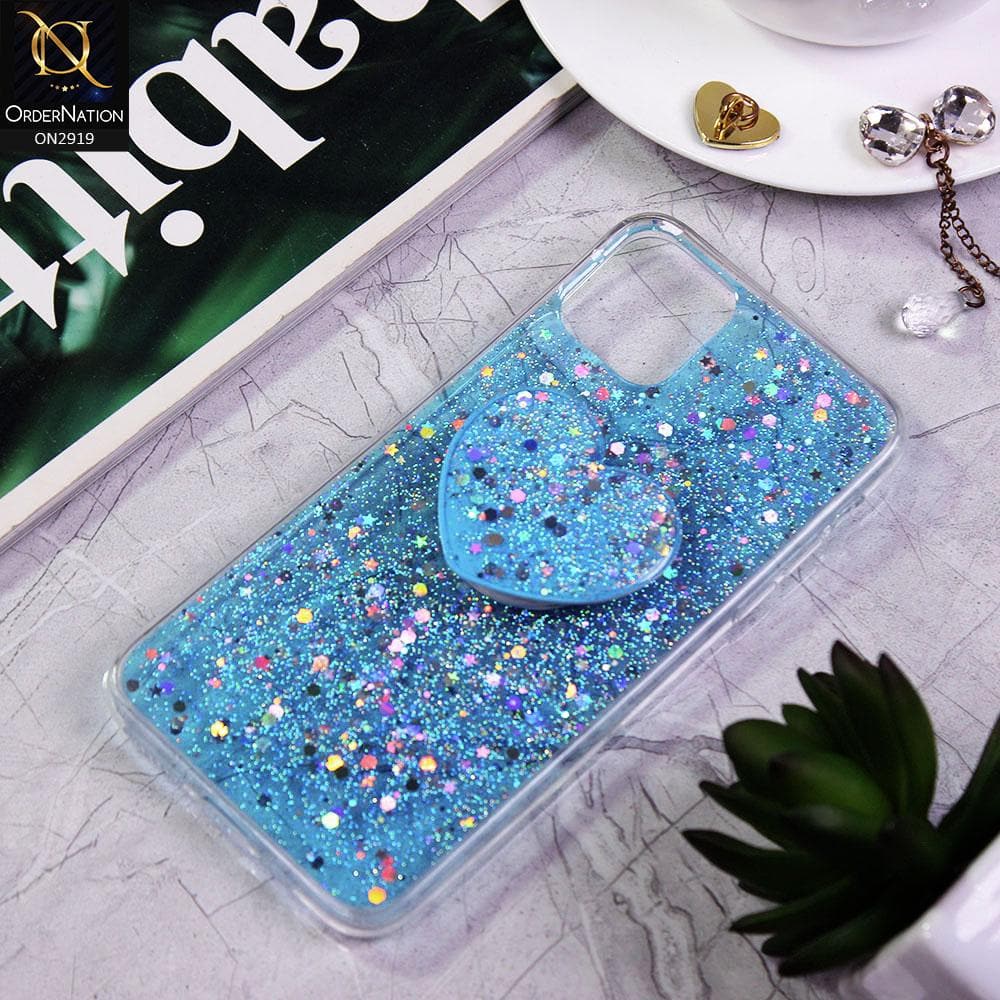 iPhone 11 Pro Max Cover - Blue - Shiny Fancy Glitter Case with Heart Mobile Holder - Glitter Does Not Move