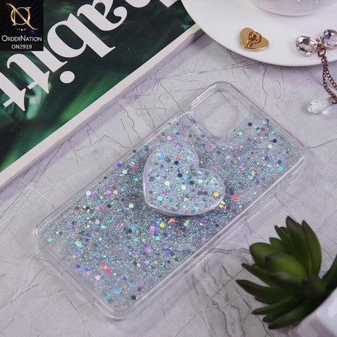 iPhone 11 Pro Max Cover - Silver - Shiny Fancy Glitter Case with Heart Mobile Holder - Glitter Does Not Move