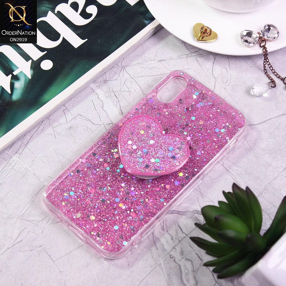 iPhone XS / X Cover - Pink - Shiny Fancy Glitter Case with Heart Mobile Holder - Glitter Does Not Move