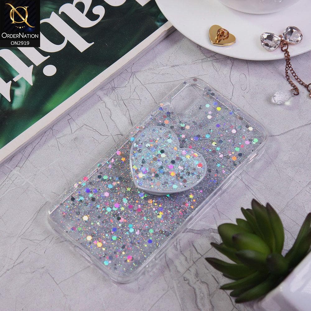 iPhone XS / X Cover - Silver - Shiny Fancy Glitter Case with Heart Mobile Holder - Glitter Does Not Move