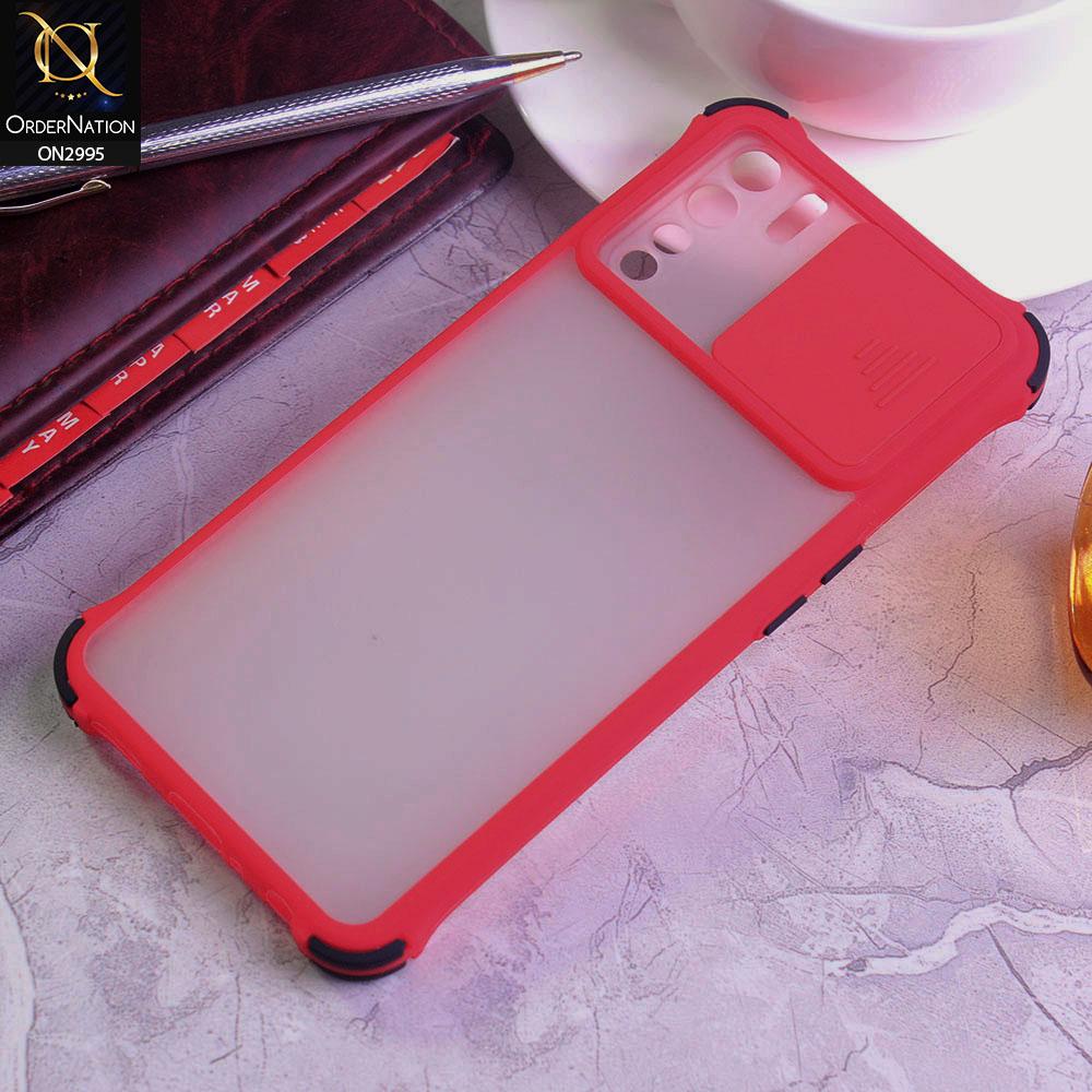 Oppo F15 Cover - Red - Shockproof Bumper Color Border Semi Transparent Camera Slide Protection Case