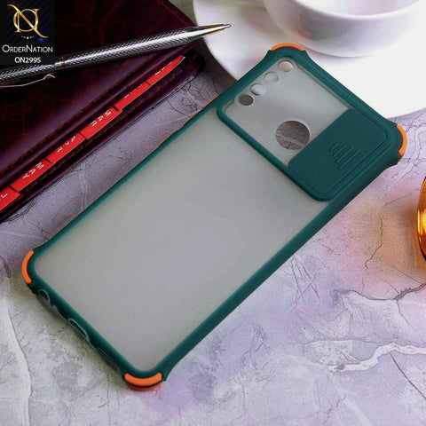 Infinix Hot 8 Cover - Dark Green - Shockproof Bumper Color Border Semi Transparent Camera Slide Protection Case