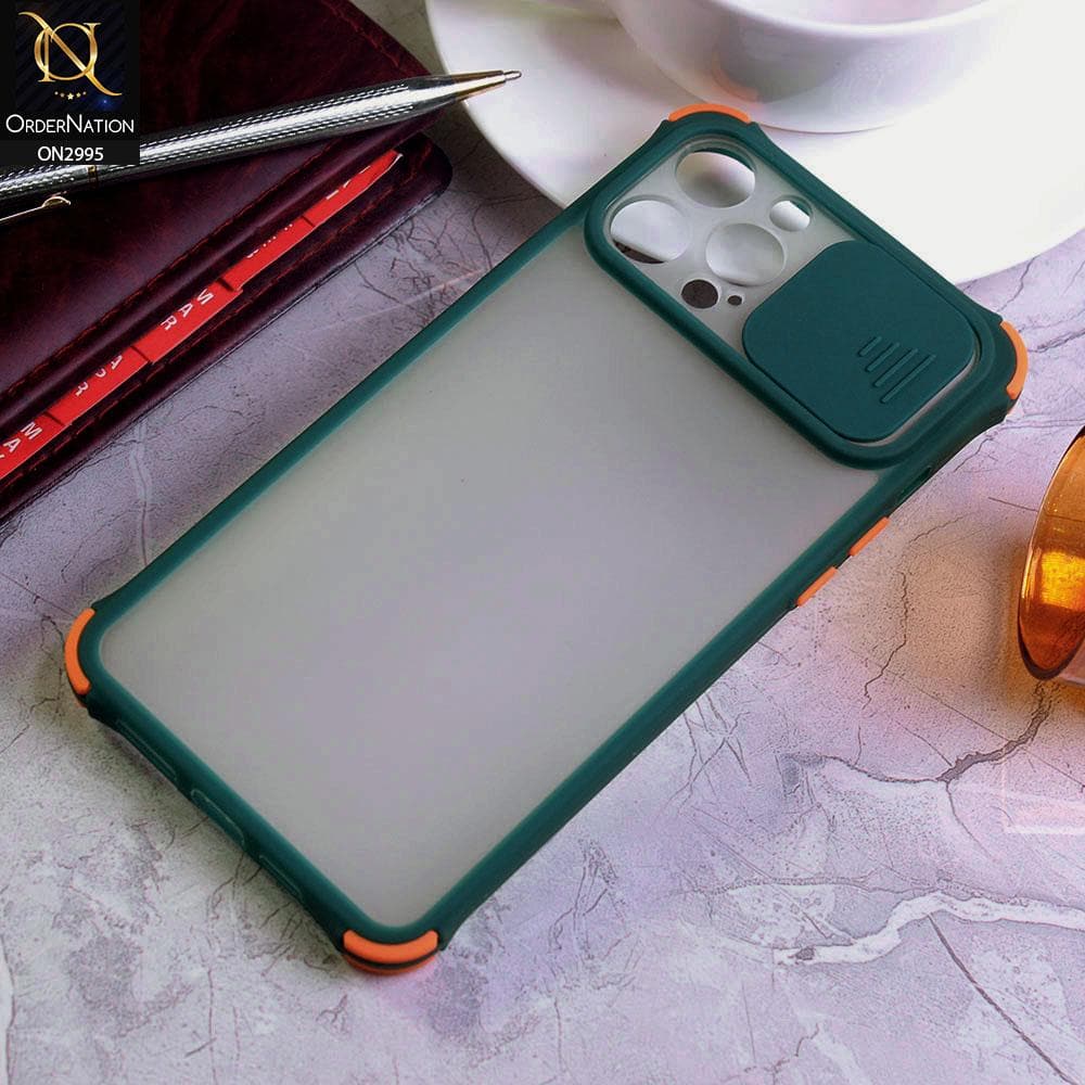 iPhone 12 Pro Cover - Dark Green - Shockproof Bumper Color Border Semi Transparent Camera Slide Protection Case