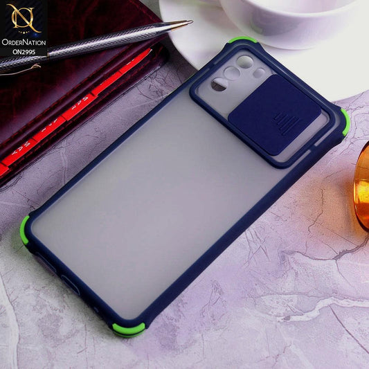 Xiaomi Poco M3 Cover - Blue - Shockproof Bumper Color Border Semi Transparent Camera Slide Protection Case