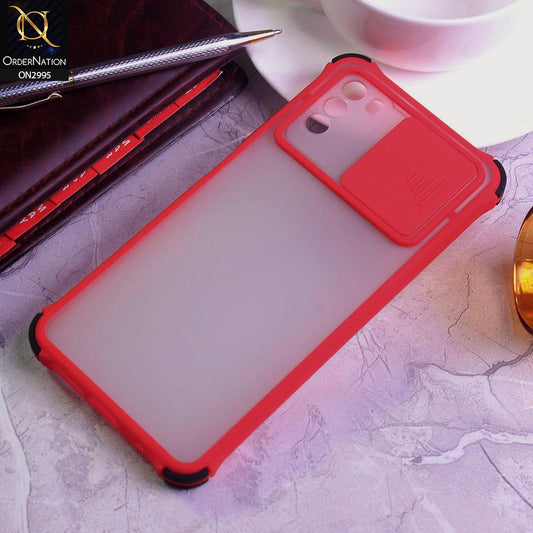 Xiaomi Poco M3 Cover - Red - Shockproof Bumper Color Border Semi Transparent Camera Slide Protection Case