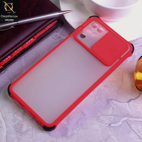 Samsung Galaxy A12 Cover - Red - Shockproof Bumper Color Border Semi Transparent Camera Slide Protection Case