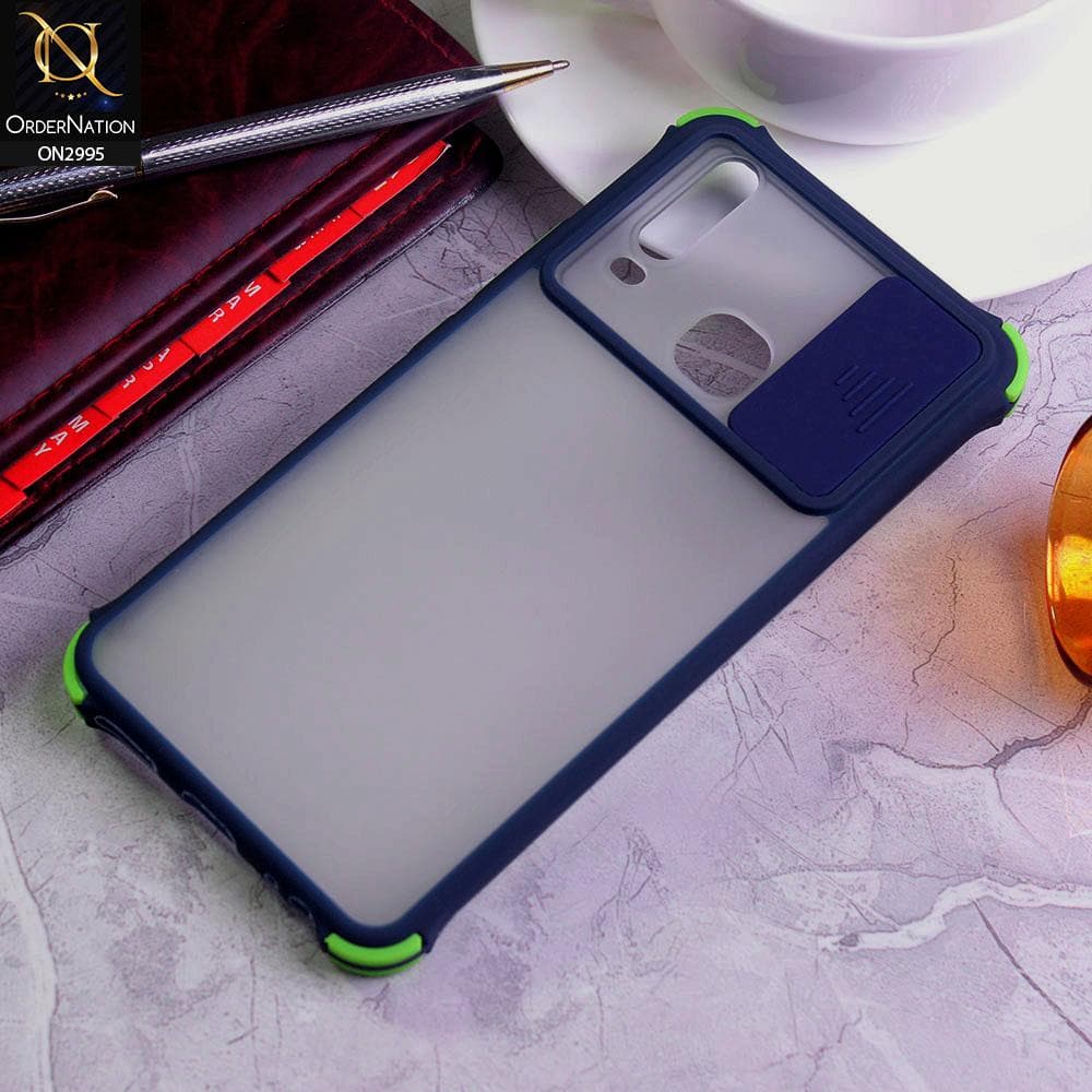 Vivo Y12 Cover - Blue - Shockproof Bumper Color Border Semi Transparent Camera Slide Protection Case