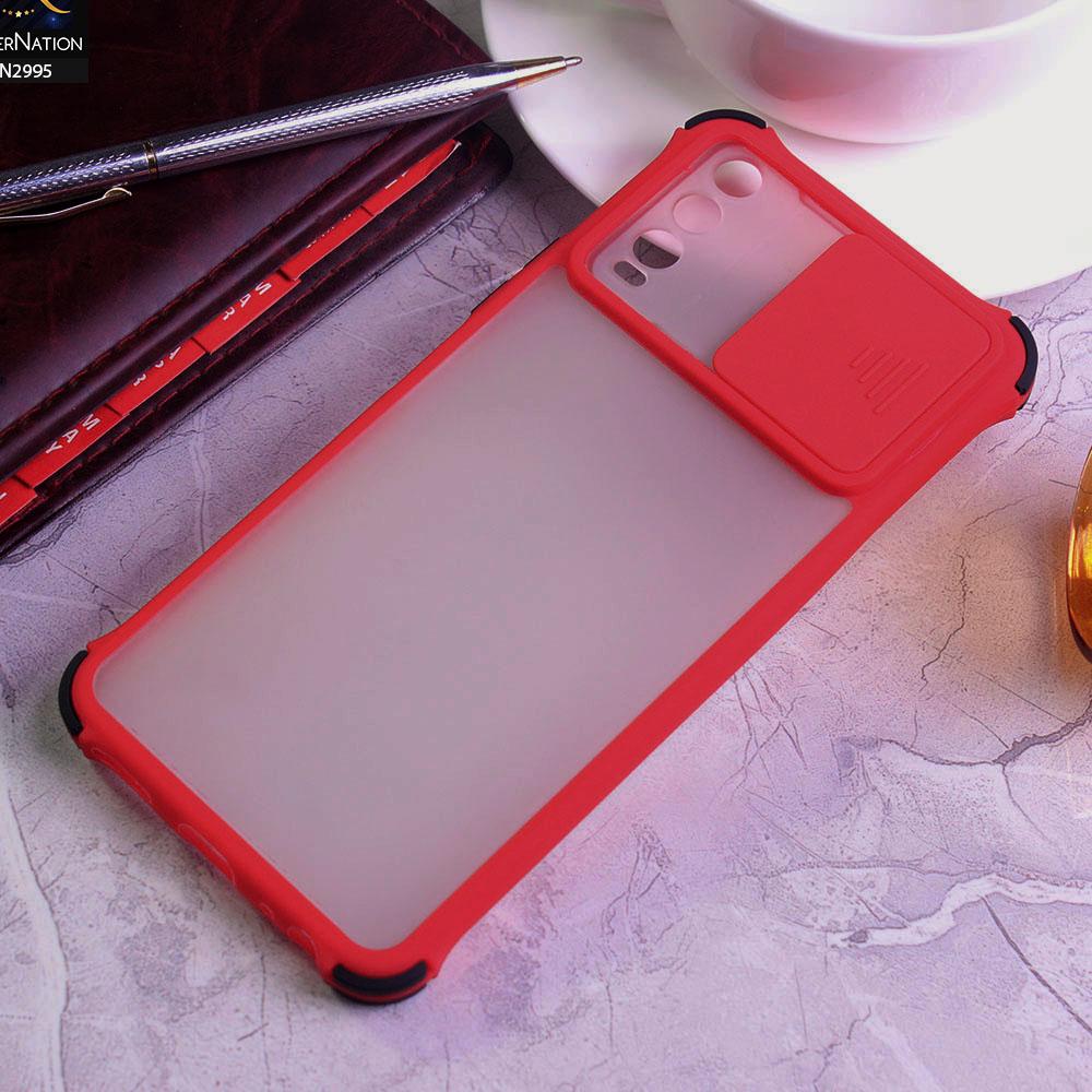 Vivo Y20i Cover - Red - Shockproof Bumper Color Border Semi Transparent Camera Slide Protection Case