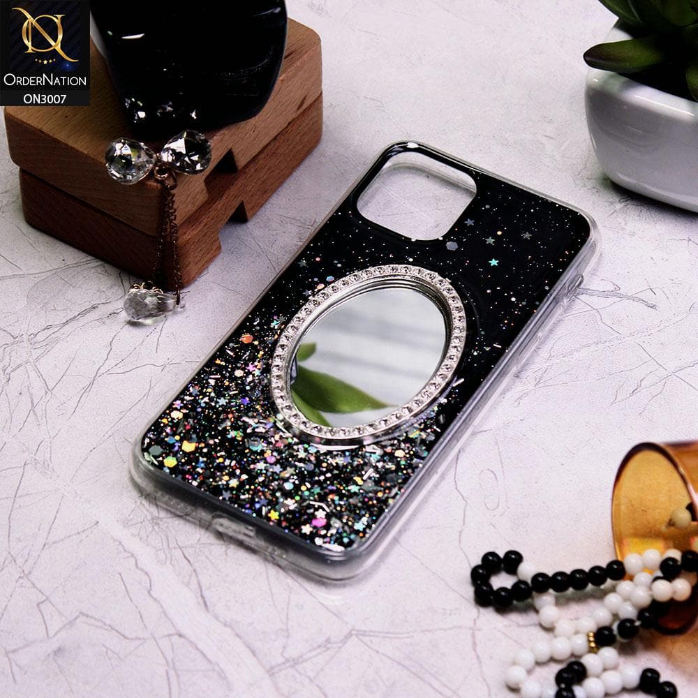 iPhone 11 Pro Cover - Black - RhineStone Design Oval Mirror Soft Case - Glitter Does Not Move