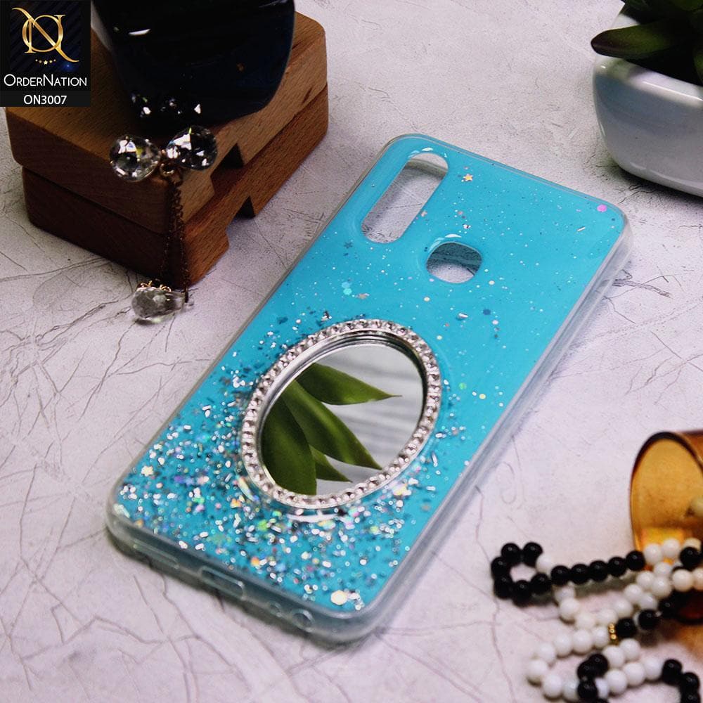 Vivo Y11 2019 Cover - Blue - RhineStone Design Oval Mirror Soft Case - Glitter Does Not Move