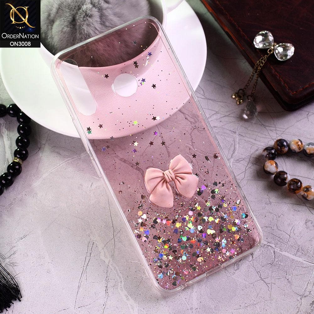 Vivo Y12 Cover - Pink - Bling Glitter Shinny Star Soft Case With Bow - Glitter Does Not Move