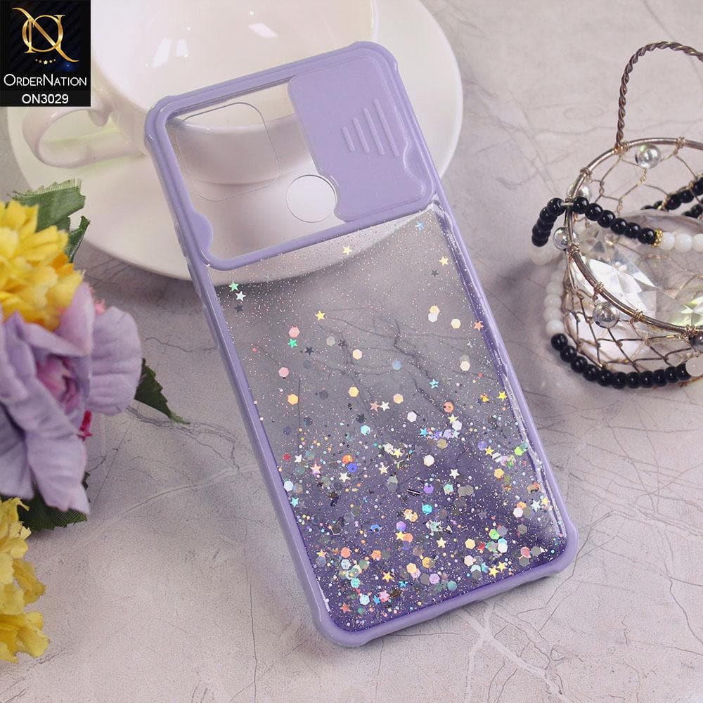 Oppo A15 Cover - Purple - Camera Slide Bling Glitter Shinny Stars Soft Border Case - Glitter Does Not Move