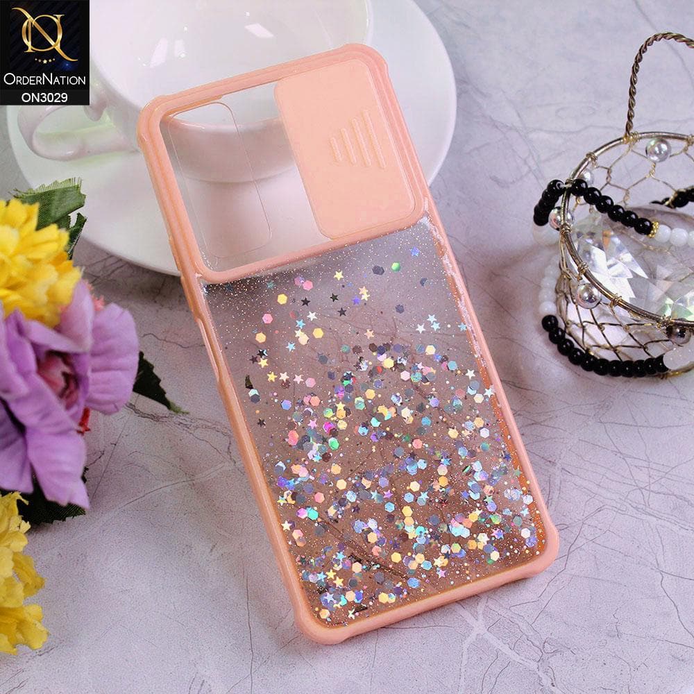 Vivo Y51 (2020 December) Cover - Pink - Camera Slide Bling Glitter Shinny Stars Soft Border Case - Glitter Does Not Move