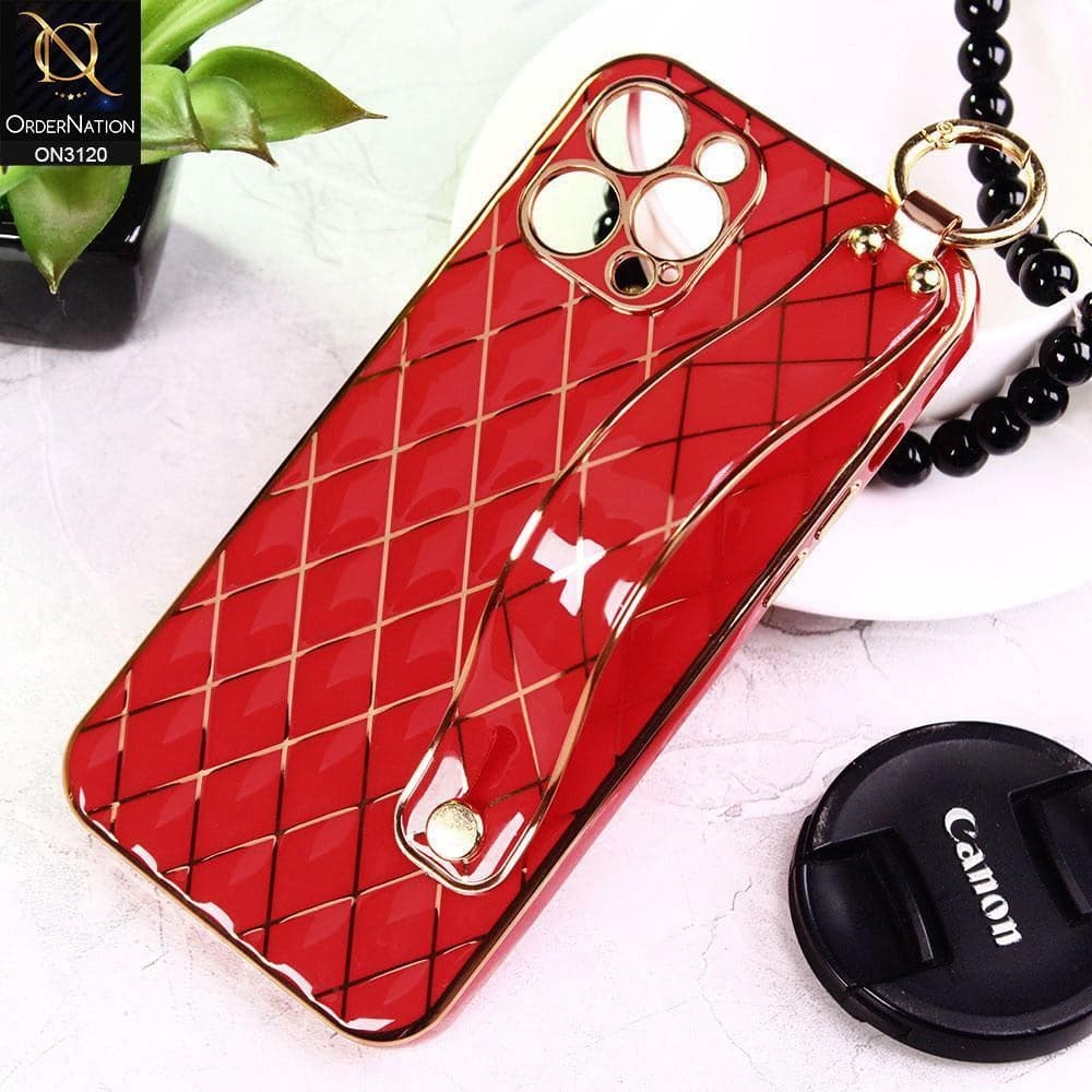 iPhone 12 Pro Cover - Red - Luxury Gold Plating Diamond Cut Wristband Holder Soft Shiny Silicone Case